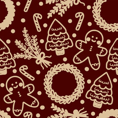 Christmas seamless pattern in hand drawn doodle style for holiday wrapping paper, fabric, and background design.
