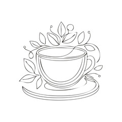Minimalist continuous line drawing of a cup of tea on a saucer surrounded by fresh leaves