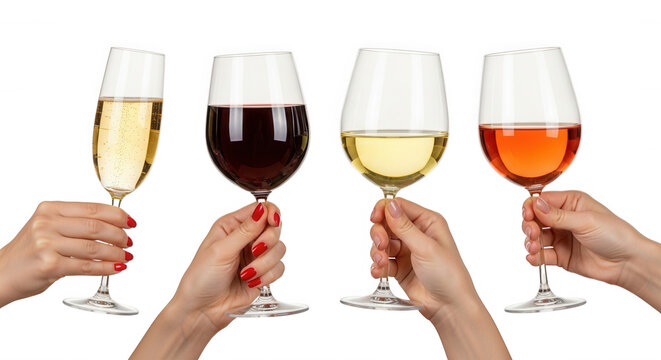 Four hands holding wine glasses isolated on a transparent background
