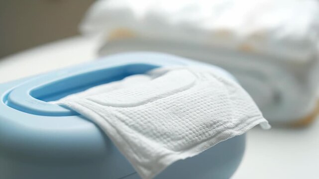 Close up view of a woman's hand delicately removing a moist towelette from a container, with a stack of diapers softly blurred in the background