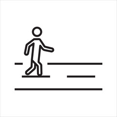 A simple black and white icon depicting a human figure crossing the road or zebra crossing, representing pedestrian traffic, urban navigation, and safety.