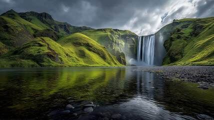 Dramatic cloudy sky over the skogafoss waterfall and its surrounding green landscape, with a reflective river in the foreground