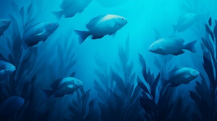 Fototapeta premium A serene underwater scene featuring a school of blue fish swimming among lush aquatic plants in a vibrant blue ocean.