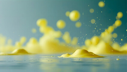 Blurred, abstract image with a dynamic mix of yellow droplets and splashes against a blue-gray background. The droplets and shapes vary in size and appear to be in motion, creating a fluid, energetic 
