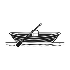 Simple Rowboat with Paddle Resting on Calm Water Surface Minimalist Black and White Graphic