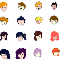 Facial expression icons and hairstyles