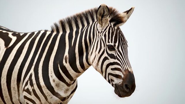 Gorgeous zebra with striking stripes captured in a portrait on a pristine white backdrop. This wild African creature, sporting its iconic black and white coat, appears alert as it gazes around