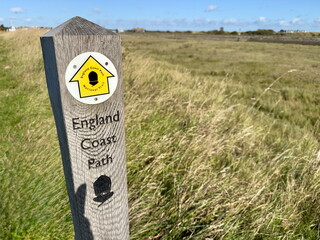 A wooden post indicates the England Coast Path National Trail.Acorn symbol.Marshland habitat in background near Rye,East Sussex.
