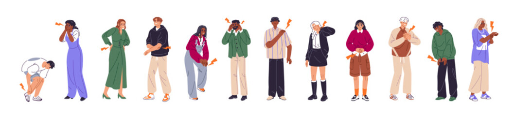 Set of diverse people with different body pains. Characters with headache, back and heart ache, hurts of knees, legs. Ill men and women with sick joints. Flat isolated vector illustrations on white