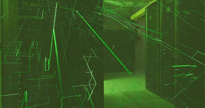 Displaying dim interior corridor projecting neon-green digital grid with tiles, pillars, dark walls