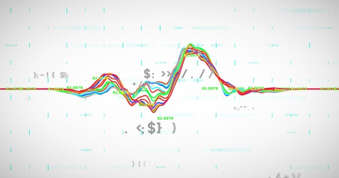 Flowing multicolored waveforms animating digital space, with floating symbols and cyan data points