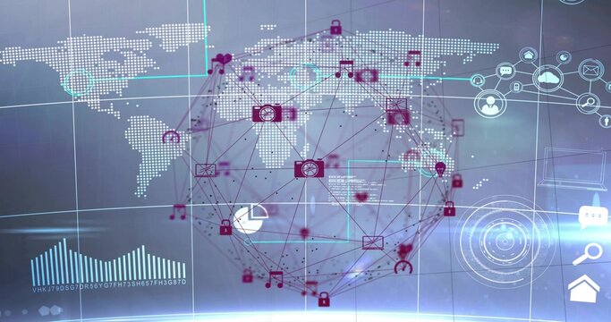Displaying network globe with nodes on dotted world map grid, with magenta camera lock chart icons - Powered by Adobe