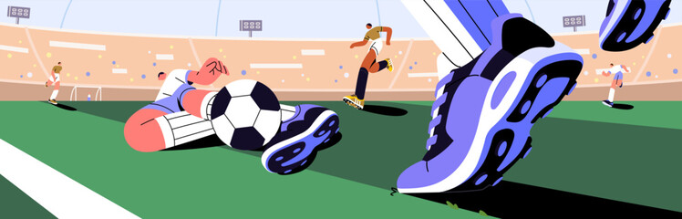 Football match banner. Soccer players play in sport stadium. People in sportswear, uniform pass, kick, hit ball with foot. Sportsmen contest at championship, competition. Flat vector illustration © Paper Trident