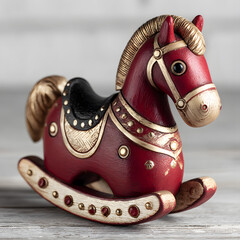 Naklejka premium Vintage wooden rocking horse in rich red and gold colors set on a rustic wooden table