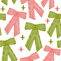 Ribbon bow seamless pattern in hand-drawn style, perfect for festive wrapping paper, textile design, and holiday decoration projects.
