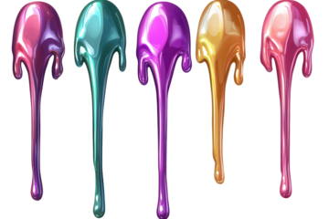 Pearlescent paint drips in vibrant luxury colors create a mesmerizing cascade of hues on a neutral backdrop at an art studio