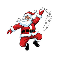 Santa claus in red suit jumping with stars emanating from his hand on a white isolated background