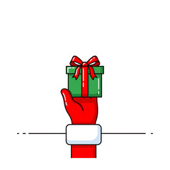 A cartoon santa hand holding a green gift box with a red bow on a white background in line art style
