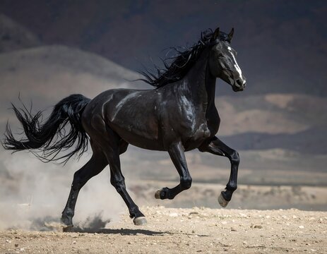 Black Horse Running Free in Desert. - Powered by Adobe
