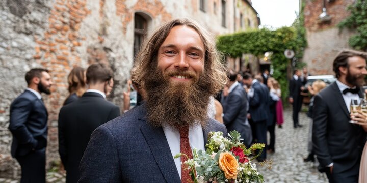 A smiling man with a beard holds a flower bouquet. He is wearing a suit at his wedding reception in Europe. Other wedding guests socialize in the background - Powered by Adobe
