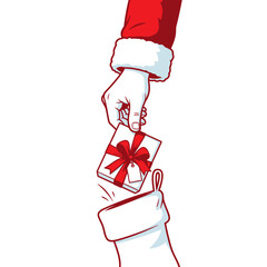 Santa's hand placing a wrapped gift with a red bow into a christmas stocking on a white background
