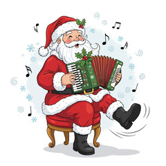 Santa claus playing accordion sitting on a stool with musical notes and snowflakes around him