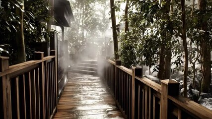 A wooden boardwalk through a misty forest, wet planks and steam rising ahead, lined with trees on both sides. - Powered by Adobe
