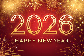 Glowing gold “2026” and “HAPPY NEW YEAR” text over red background with fireworks—vibrant celebration scene radiating festivity, grandeur, and joyful anticipation. generative ai