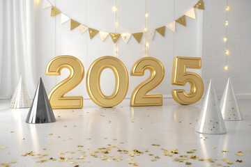 Gold balloon “2025” with party hats, confetti, and bunting in bright setting—joyful New Year scene radiating celebration, warmth, and festive anticipation. generative ai