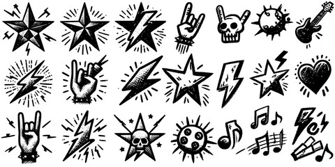 Starburst Sound: A Punk Symbol Set, This black-and-white collage captures the raw energy of rock culture through stylized iconography