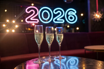 Three champagne glasses in front of neon “2026” sign at dimly lit lounge—stylish New Year scene blending sparkle, ambiance, and festive anticipation. generative ai