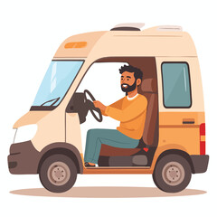 A smiling man drives a beige campervan, holding the steering wheel, ready for travel.