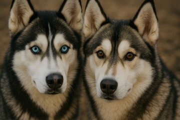 Two Siberian Huskies looking at camera, close up portrait of beautiful dogs with blue and brown eyes, loyal animal companions concept, intelligent pet breed, domestic canine face expression outdoors