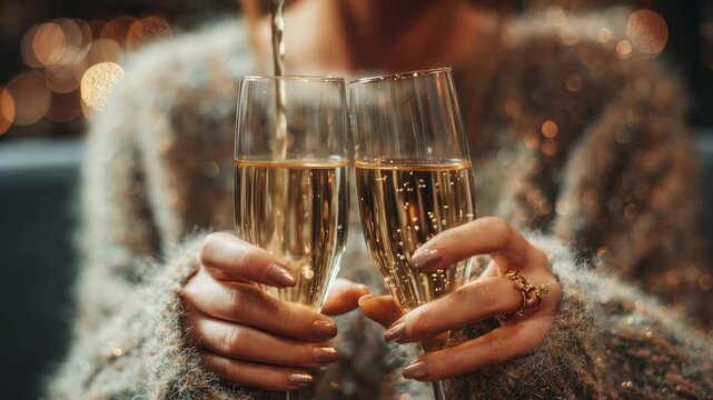 A woman holds and clinks two champagne flutes, with sparkling wine being poured, symbolizing celebration and joy. The warm, festive background enhances the luxurious and cheerful vibe