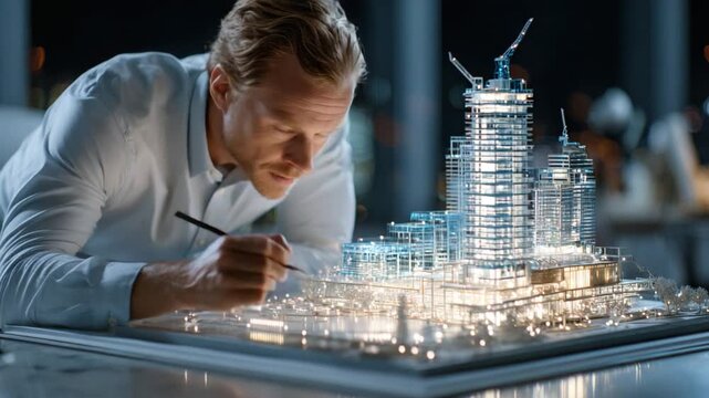 Architect at Work: A focused architect meticulously examines a miniature building model with a thoughtful expression, a symbol of planning and design.
