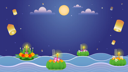 Loy Krathong Festival background vector illustration. Krathong floating in the river
