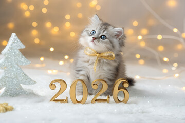 Fluffy kitten with yellow ribbon beside golden “2026” on snowy surface—festive, cozy scene blending cuteness, celebration, and seasonal charm. generative ai
