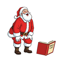 Santa claus laughing while looking at the nice list in a red book on a white background image