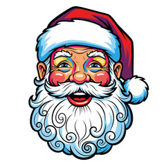A colorful cartoon illustration of santa claus with a white beard and a red and white santa hat