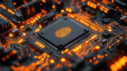 A close-up view shows a fingerprint glowing on a central processing unit. Electronic components and circuits surround the cpu. Orange light highlights the board