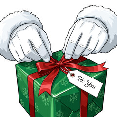 Santa's hands carefully tying a red bow on a green christmas present with a tag that says to you