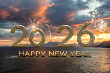Golden “2026” and “HAPPY NEW YEAR” text over sunset water and fireworks—elegant celebration scene blending nature, festivity, and future-forward optimism. generative ai