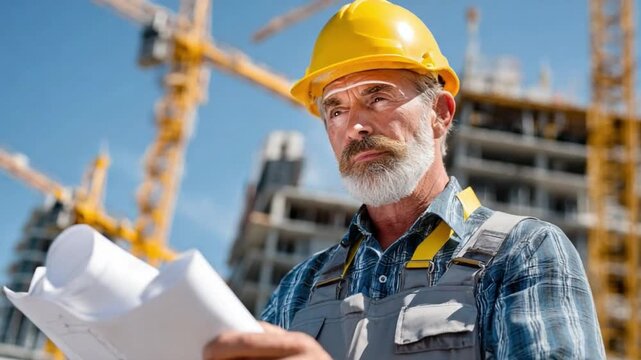 Construction Project Supervisor: A seasoned construction supervisor, his focused gaze intent on blueprints, stands amidst a bustling construction site.