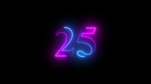 Abstract glowing Neon 25 number educational mathematics text icon animation on black background. a dynamic motion and glowing neon number countdown icon animation.