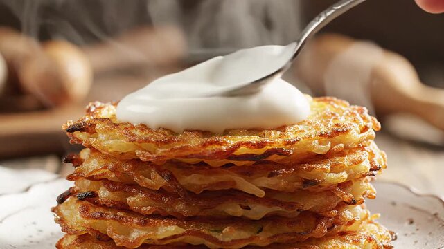  Stack of crispy potato pancakes topped with a spoonful of sour cream, hot and steaming on a rustic plate, homemade comfort food for breakfast or Hanukkah latkes