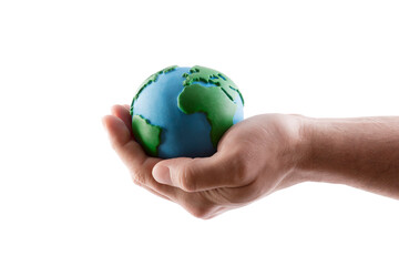 Planet Earth globe protected by hand isolated on white background with clipping path