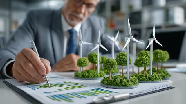 Eco-Conscious Architect at Work: An architect, deeply engrossed in his design, meticulously plans the future of sustainable development, focusing on renewable energy and environmental responsibility.