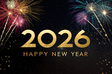 Golden “2026” and “HAPPY NEW YEAR” text on sparkling dark background with fireworks—festive, high-impact scene radiating joy, grandeur, and future celebration. generative ai