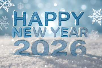Icy blue “HAPPY NEW YEAR 2026” text with snowy texture and snowflakes—festive winter scene evoking seasonal charm, celebration, and fresh beginnings.Icy blue “HAPPY NEW YEAR 2026” text w generative ai