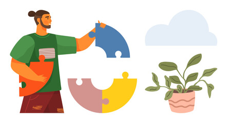 Man placing colorful puzzle piece into a circular puzzle near potted plant and cloud. Ideal for problem-solving, teamwork, gardening, growth, sustainability, harmony, goals. Simple flat metaphor